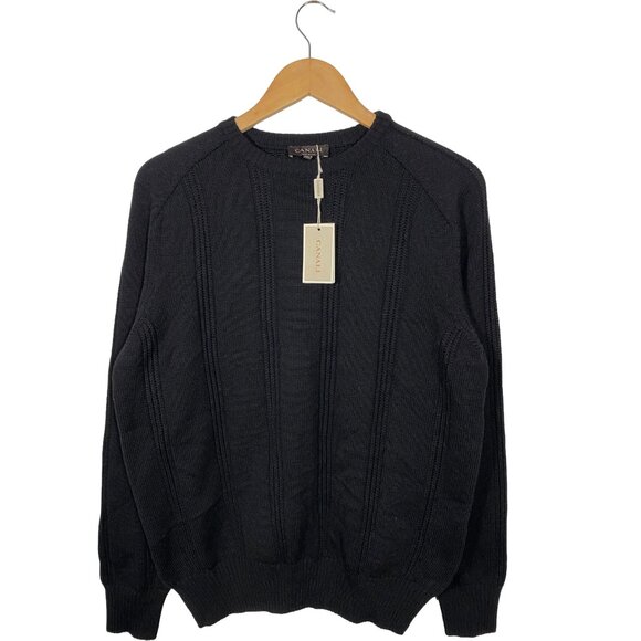 NWT Canali Merino Wool Cable Knit Crew Neck Sweater Black men's size 50 (L) - Picture 1 of 8